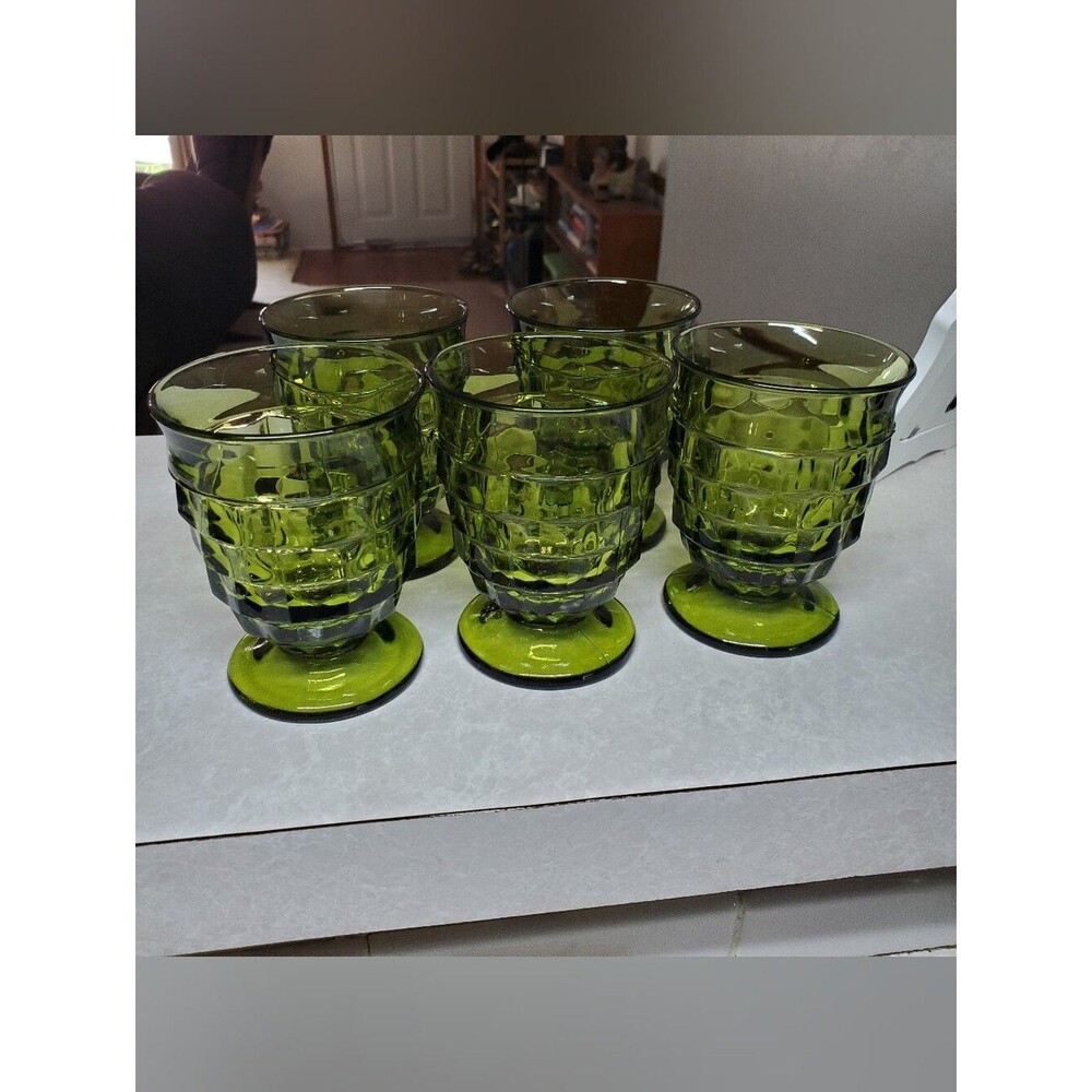 Indiana Whitehall Colony Cubist Avocado Glass 9 Oz Footed Tumbler VTG Set of 5